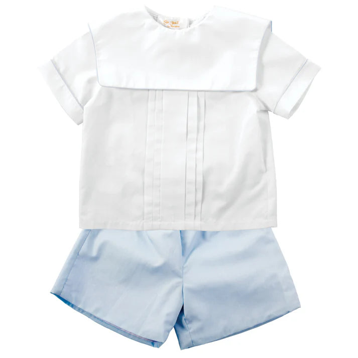 White and Blue 2 pc. Square Collar Short Set